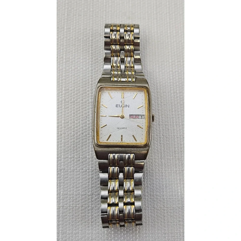 Elgin Two Tone Gold‎ Silver Tone Rectangular Day Date Quartz Watch Men's - READ